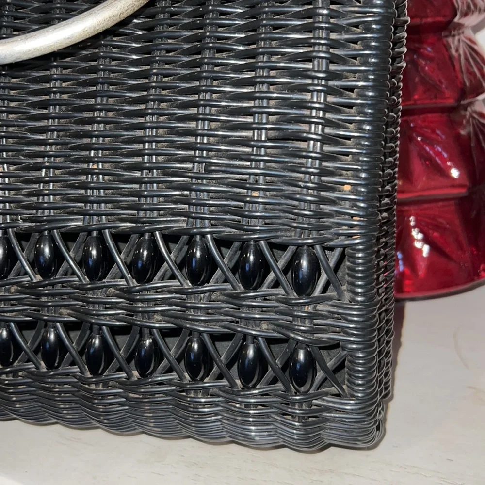 Rare Handmade Rattan beaded satchel British Colony Hong Kong black purse